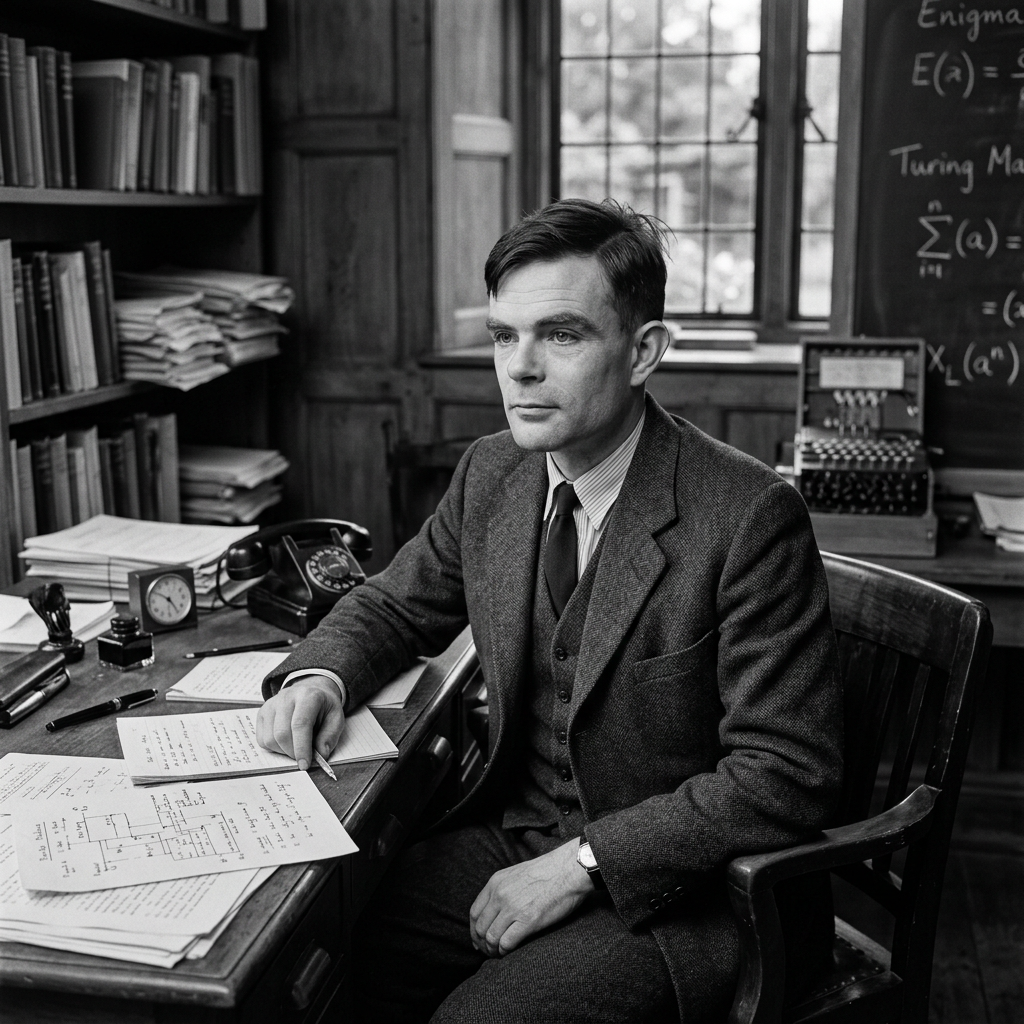 Alan Turing sitting at a desk with papers, pen, rotary phone, clock, and early computing machine